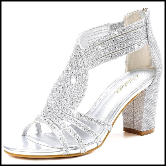 Rhinestone Sparkly Chunky Block Heel Sandals Open Toe Dressy Formal Shoes